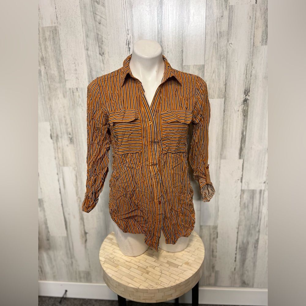 Blu Pepper Striped Roll Tab Sleeve Button Down Shirt Womens Medium Mustard Rust